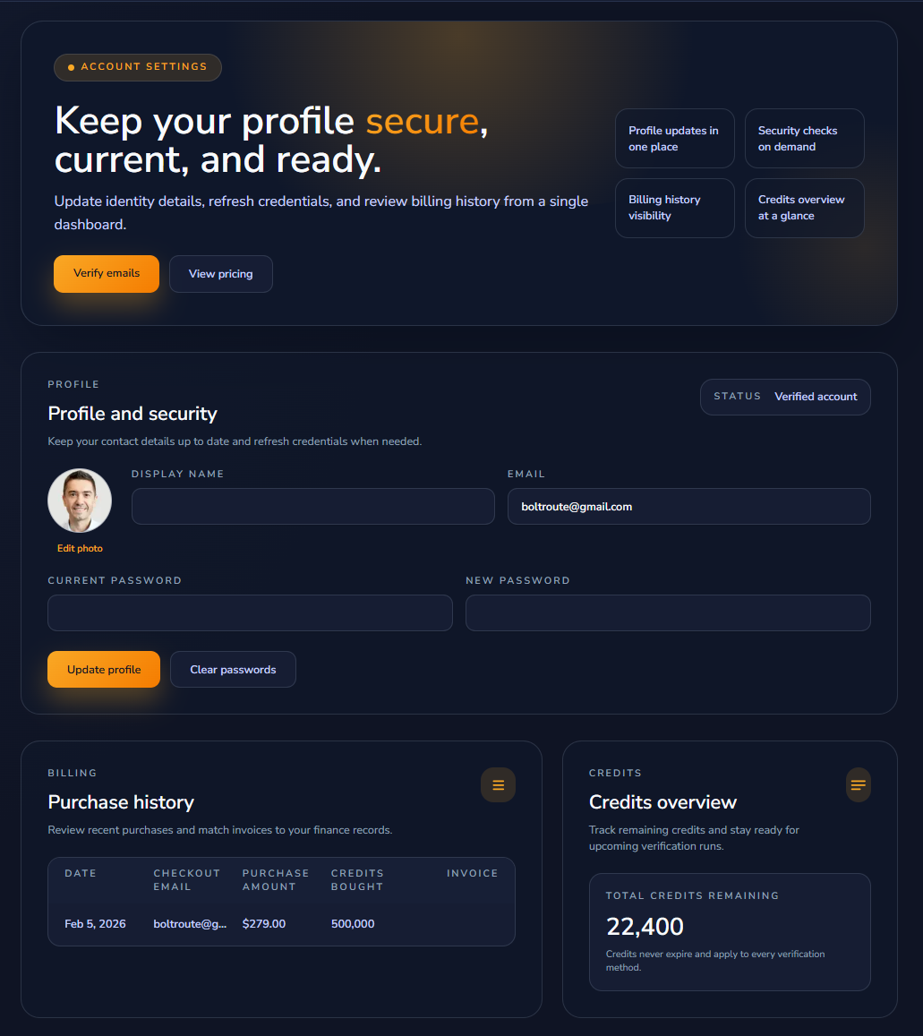 Account page purchase history section with previous transactions and invoices