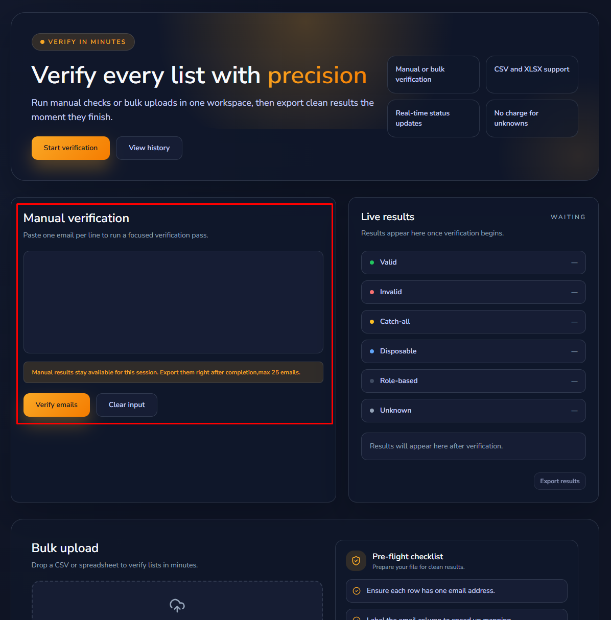 Verify page manual verification section with text input and live results panel